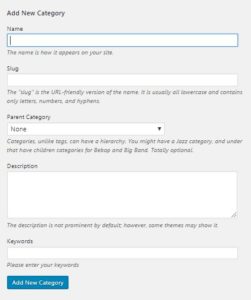 Default wordpress add category screen without custom field