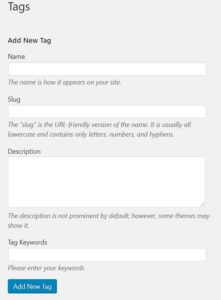 wordpress add tag screen with keywords