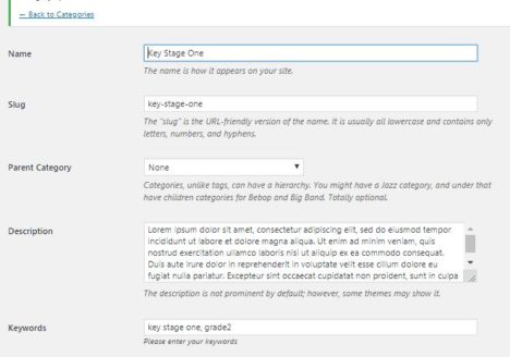 wordpress edit category screen with custom field with saved value