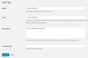 wordpress edit tag screen with keywords