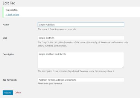 wordpress tag edit screen with saved keywords