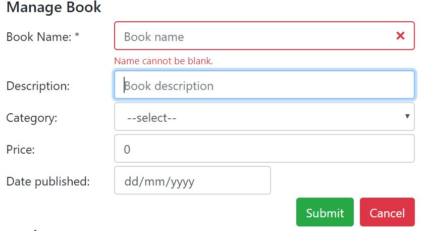 Reactjs validation for book name and display message